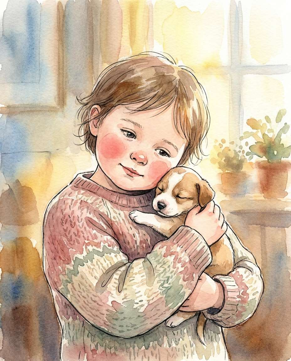 child holding puppy photo