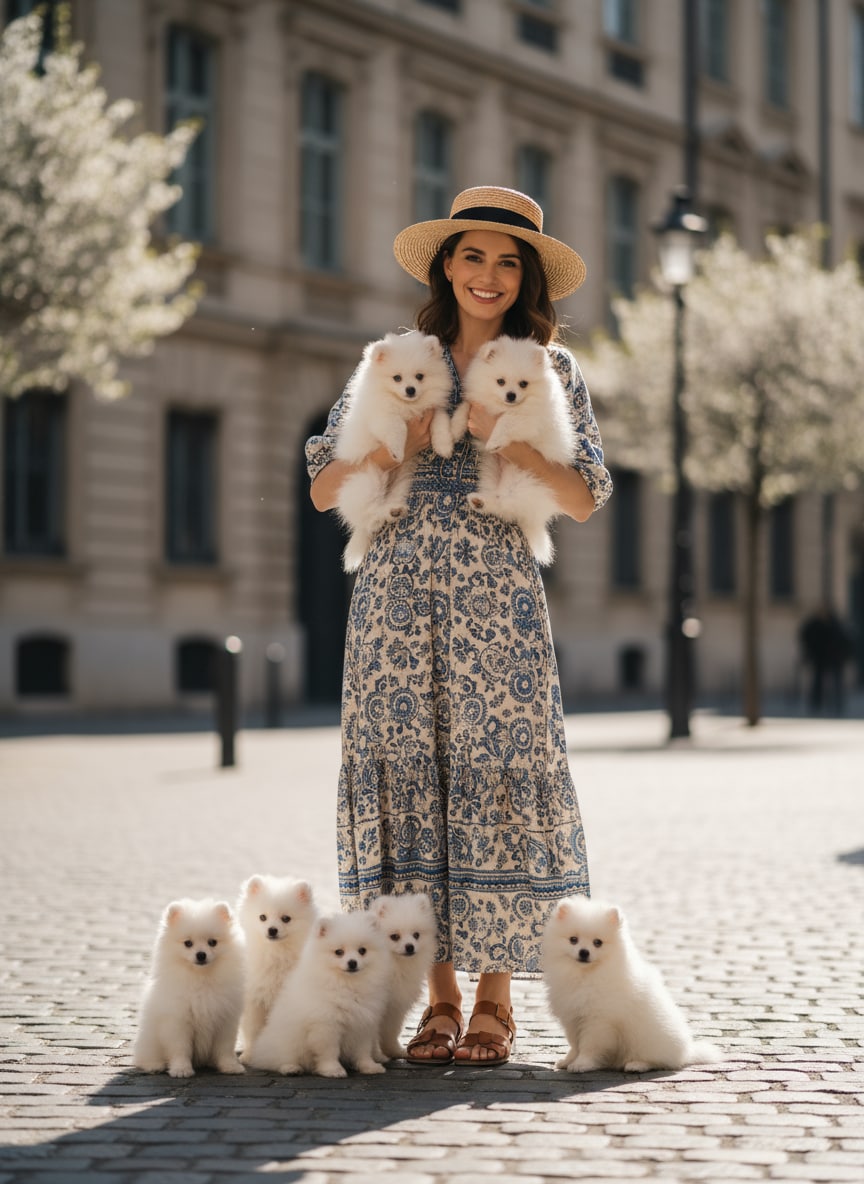 Three Corgis Playing Around Feet – AI prompt sample