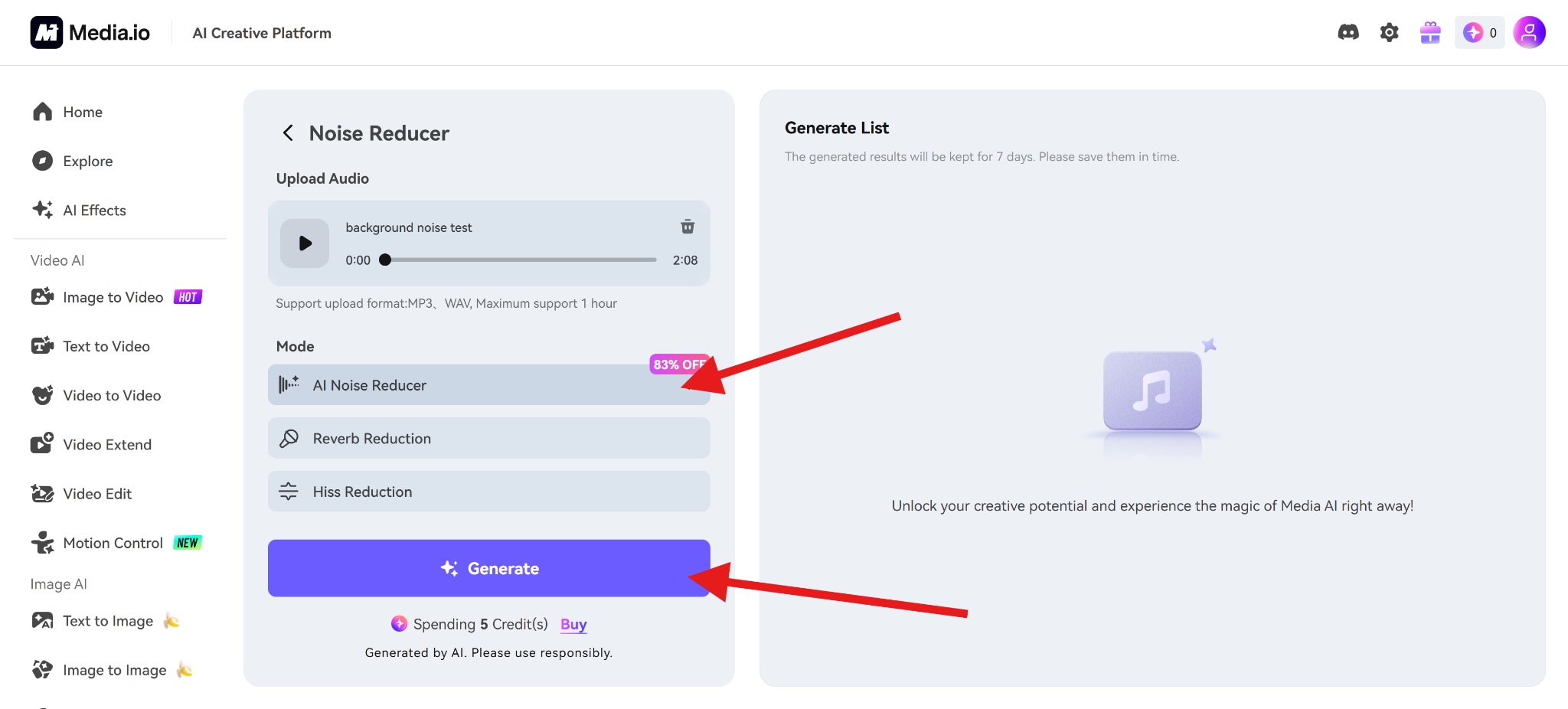 generate clean audio with mediaio online