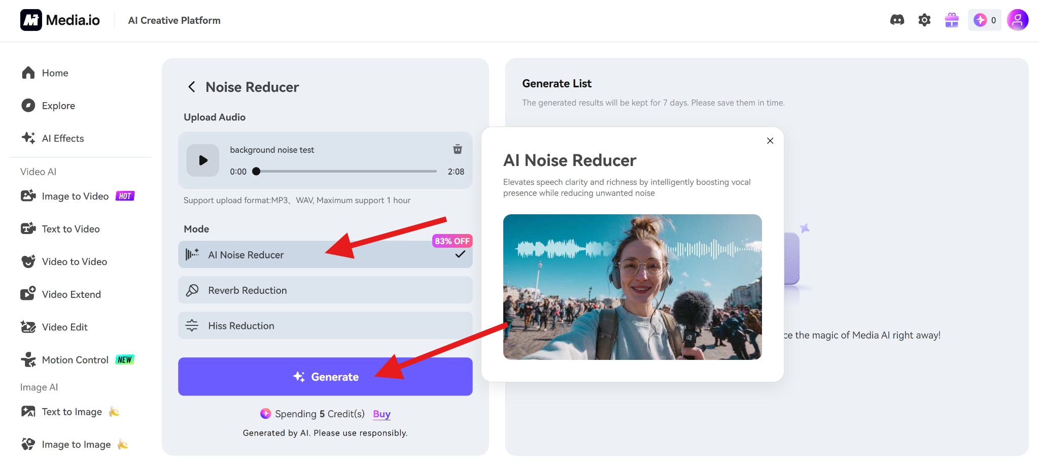 generate clean audio media io online