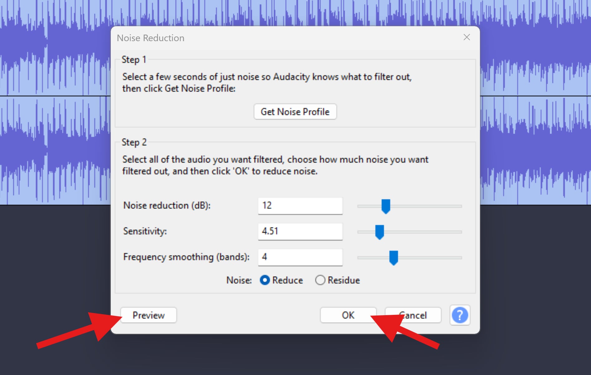 preview and accept hiss reduction results