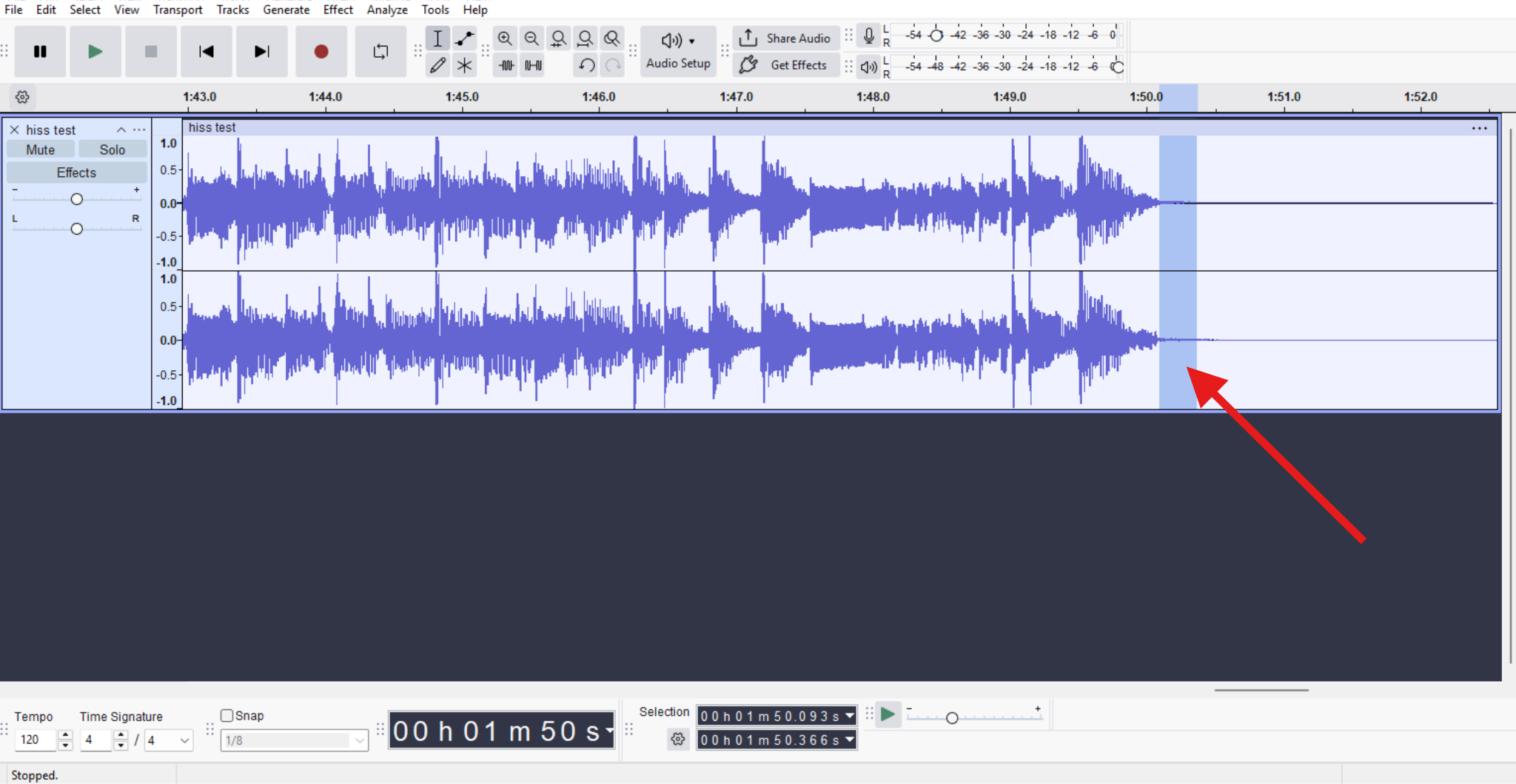 select audio with hiss in audacity
