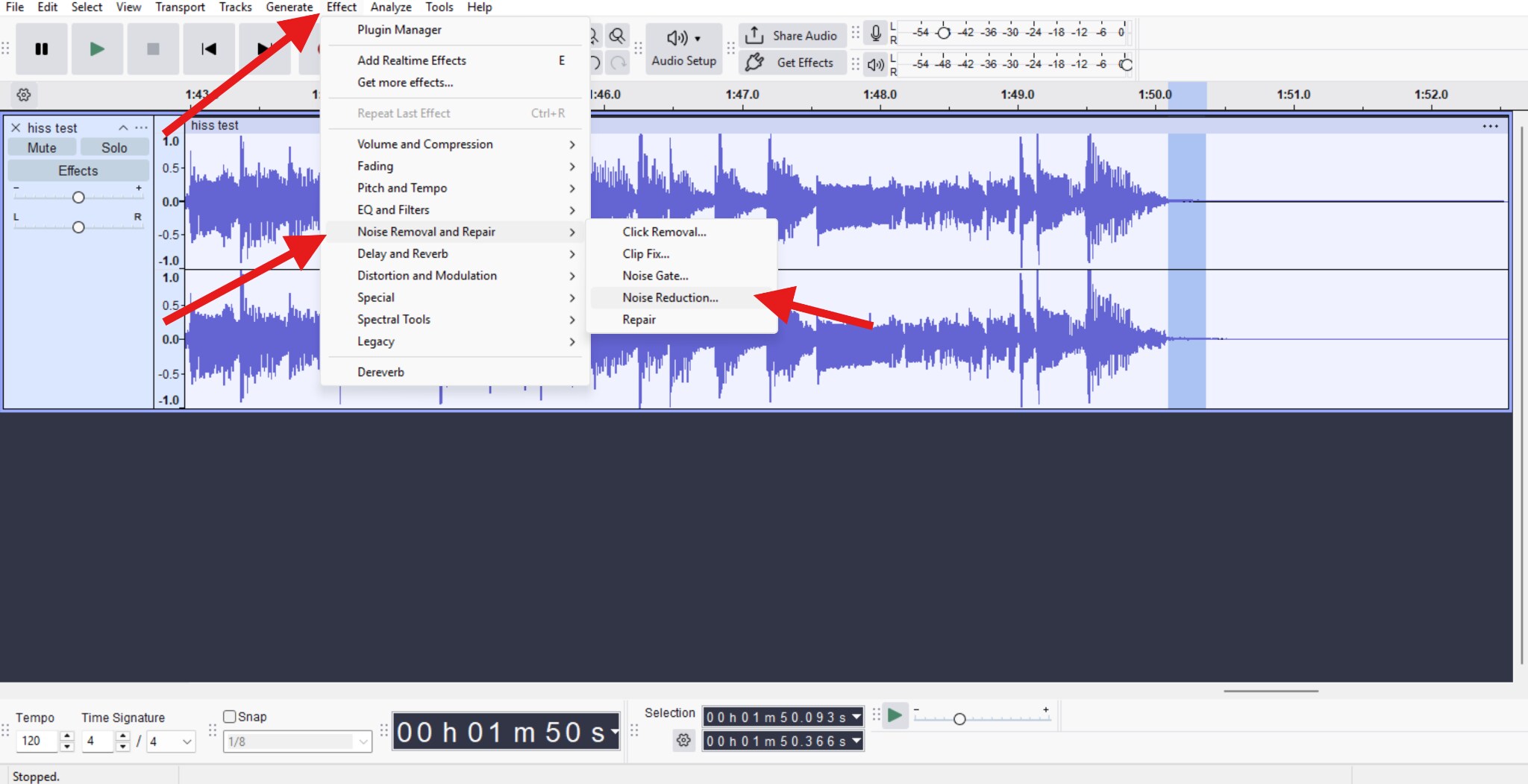 activate the audacity noise reduction feature