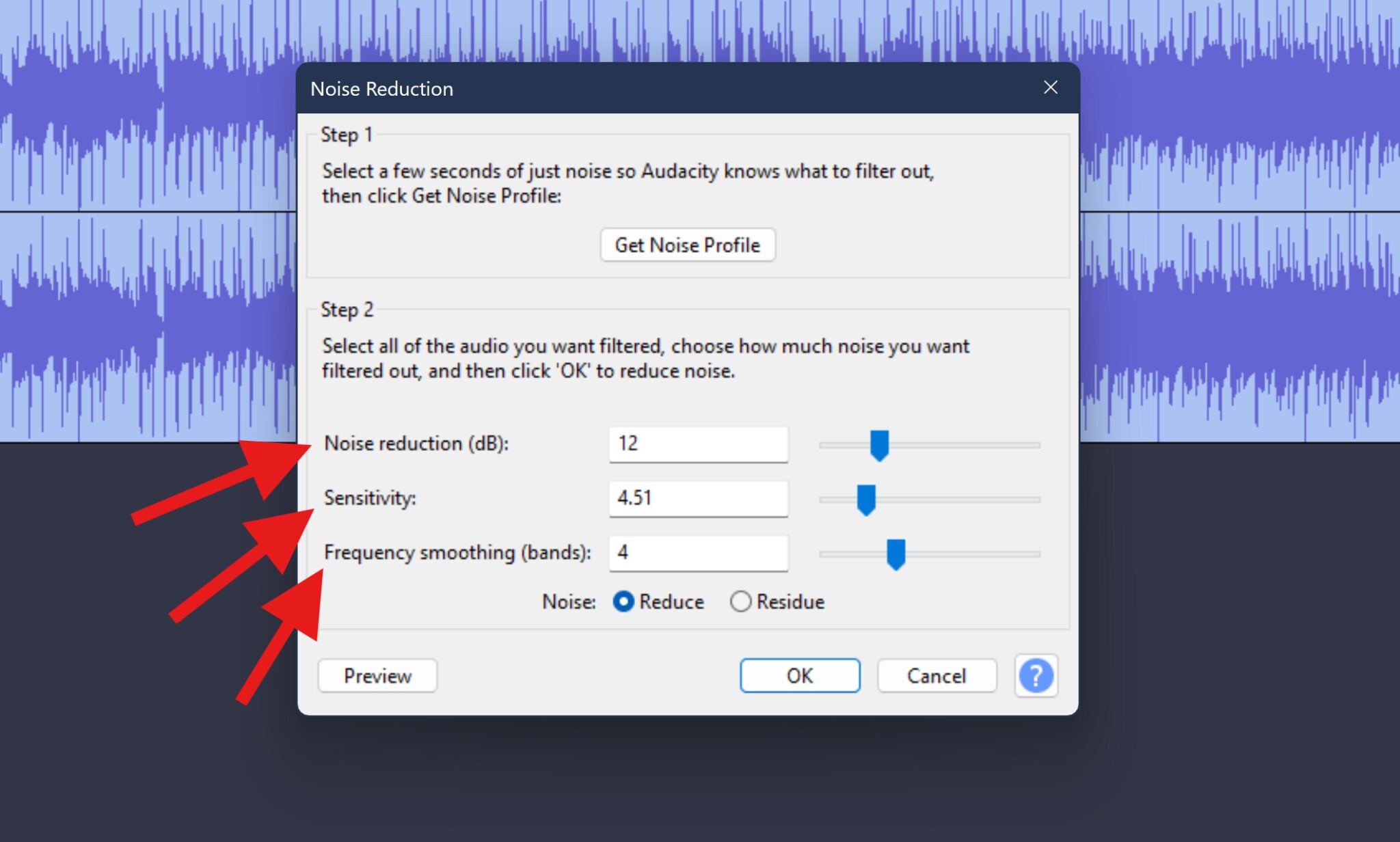select entire track to remove hiss