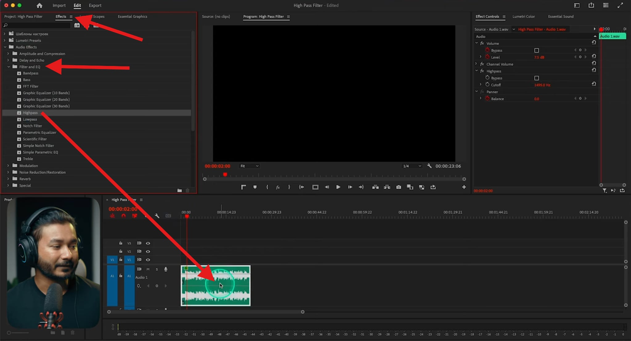 add highpass filter to audio premiere