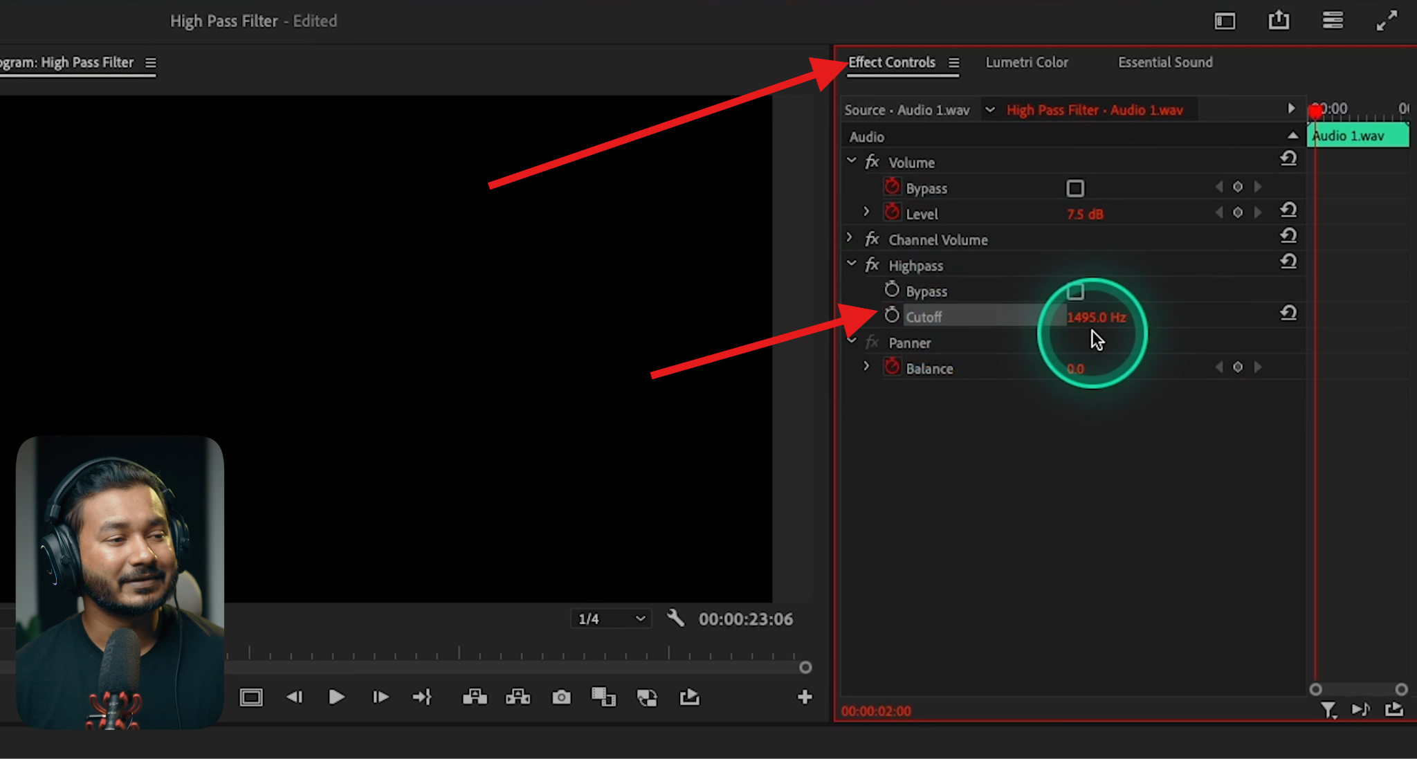 adjust highpass filter cutout frequency premiere