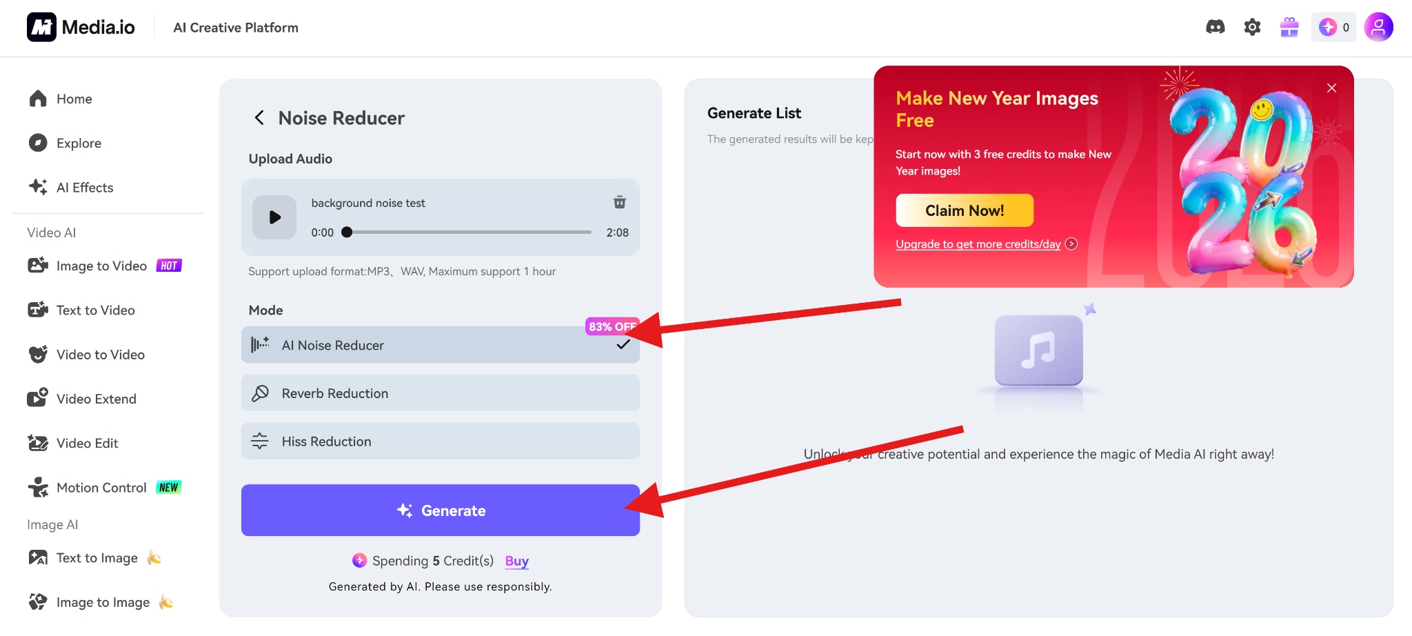 generate clean audio with noise reducer