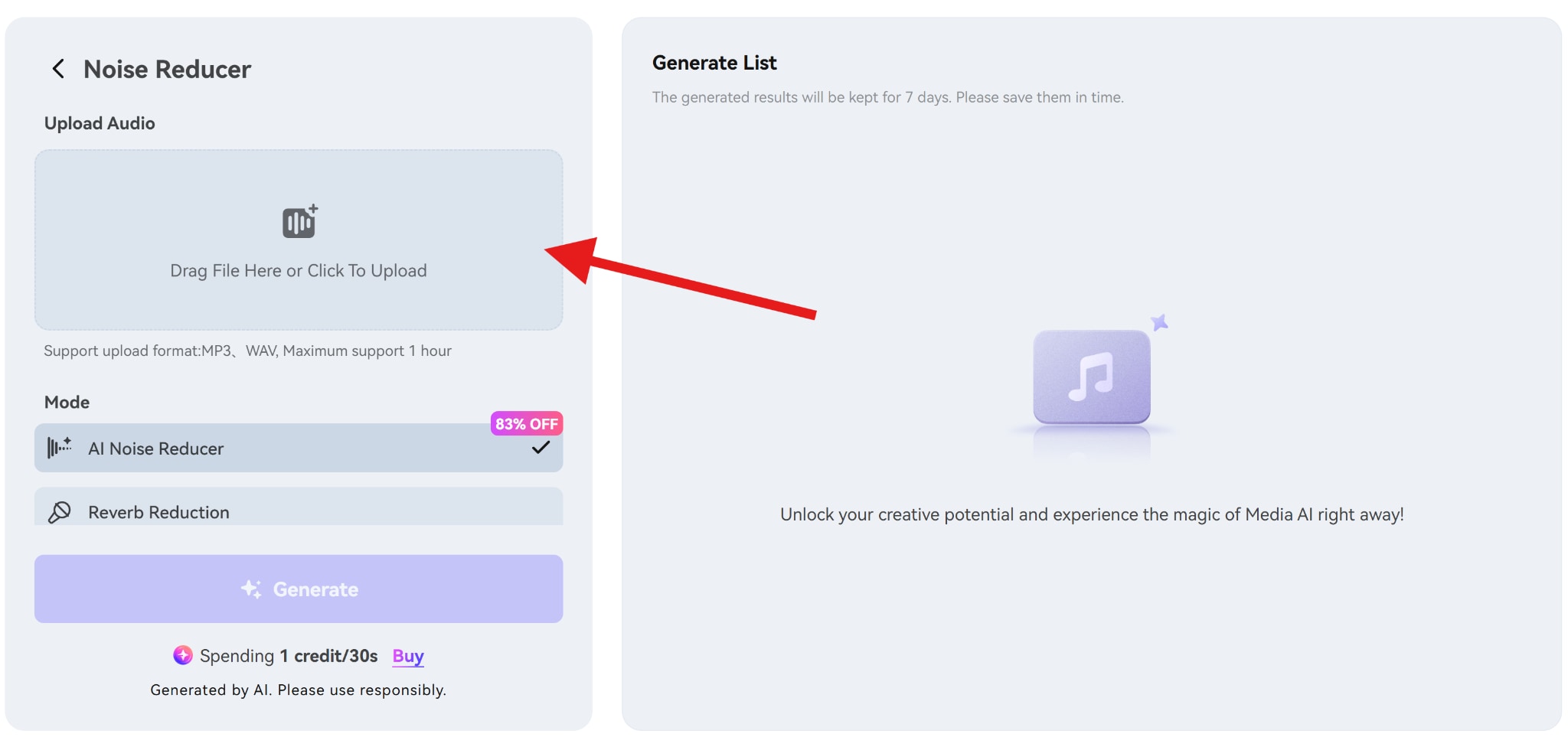upload media to mediaio noise reducer