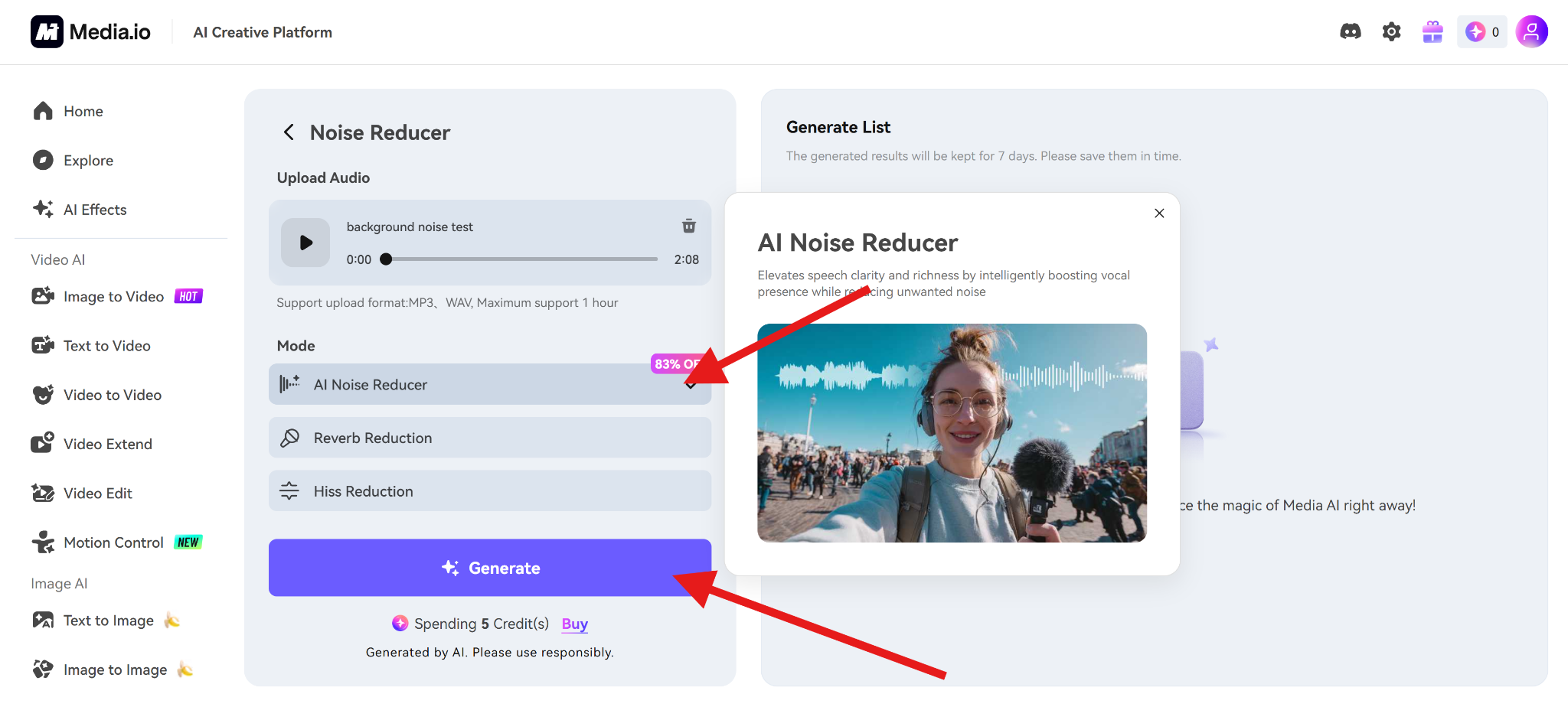 generate clean audio media io online