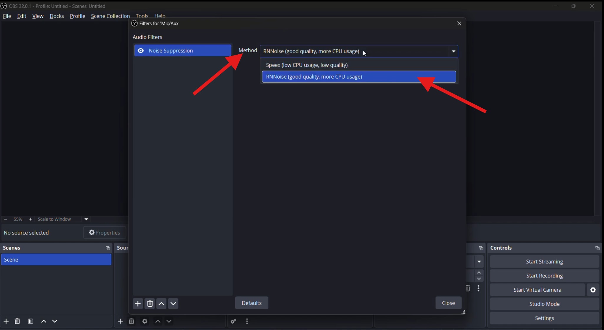 select rnnoise as noise removal filter