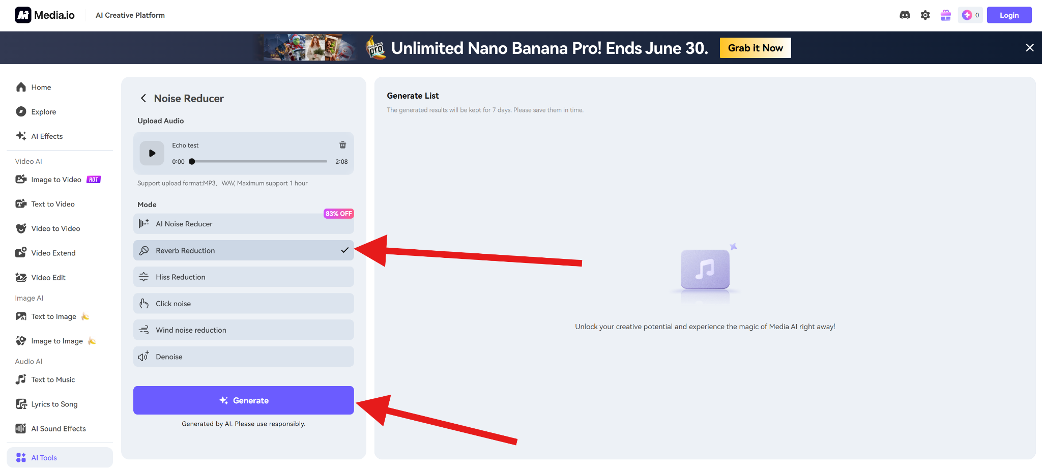 generate noise reducer action remove echo