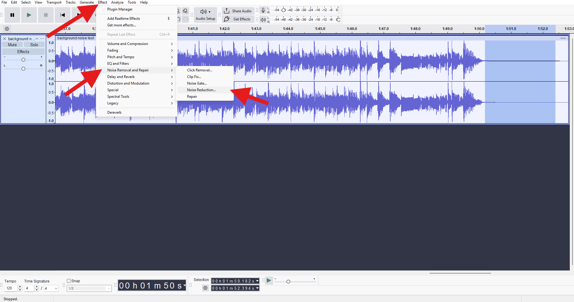 activate noise reduction effect in audacity