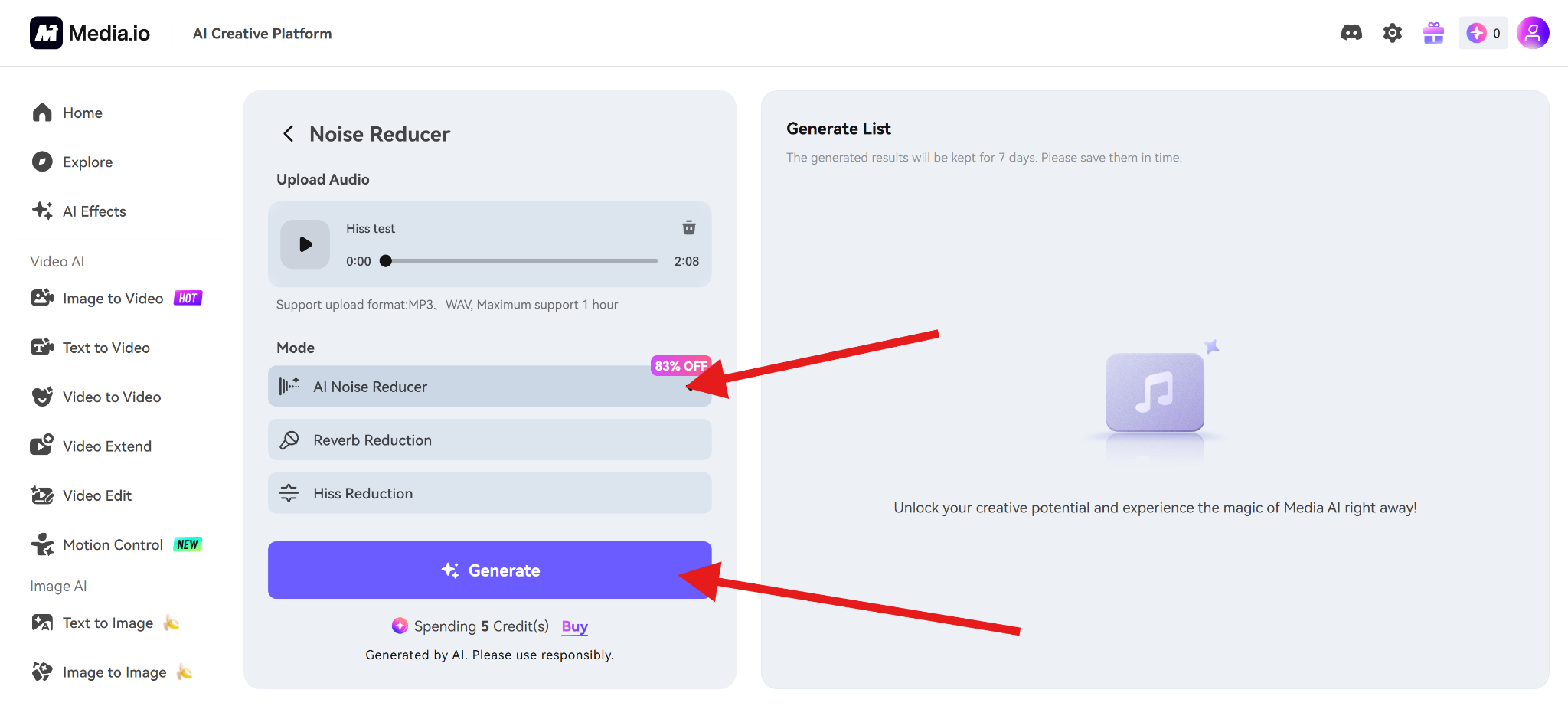 use mediaio remove hiss and humm