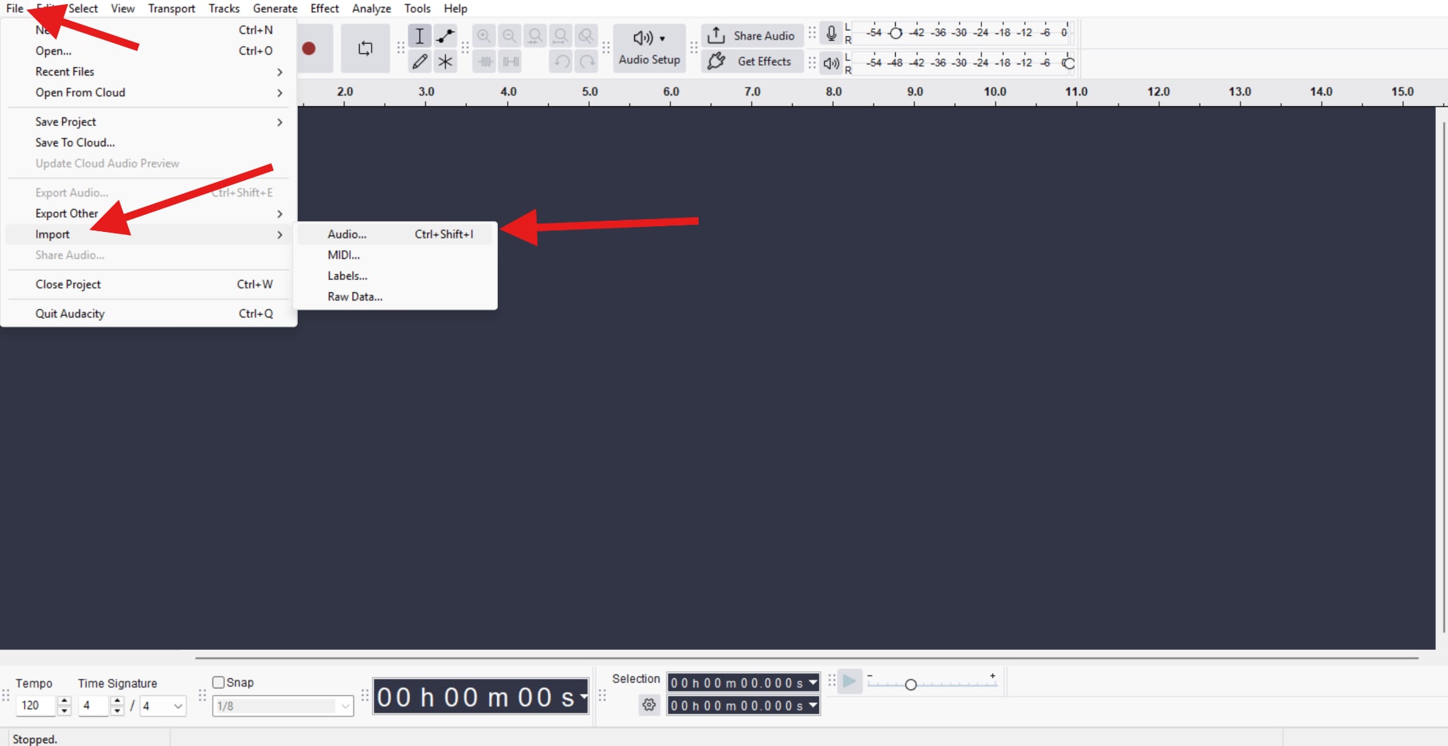import audio to new audacity project