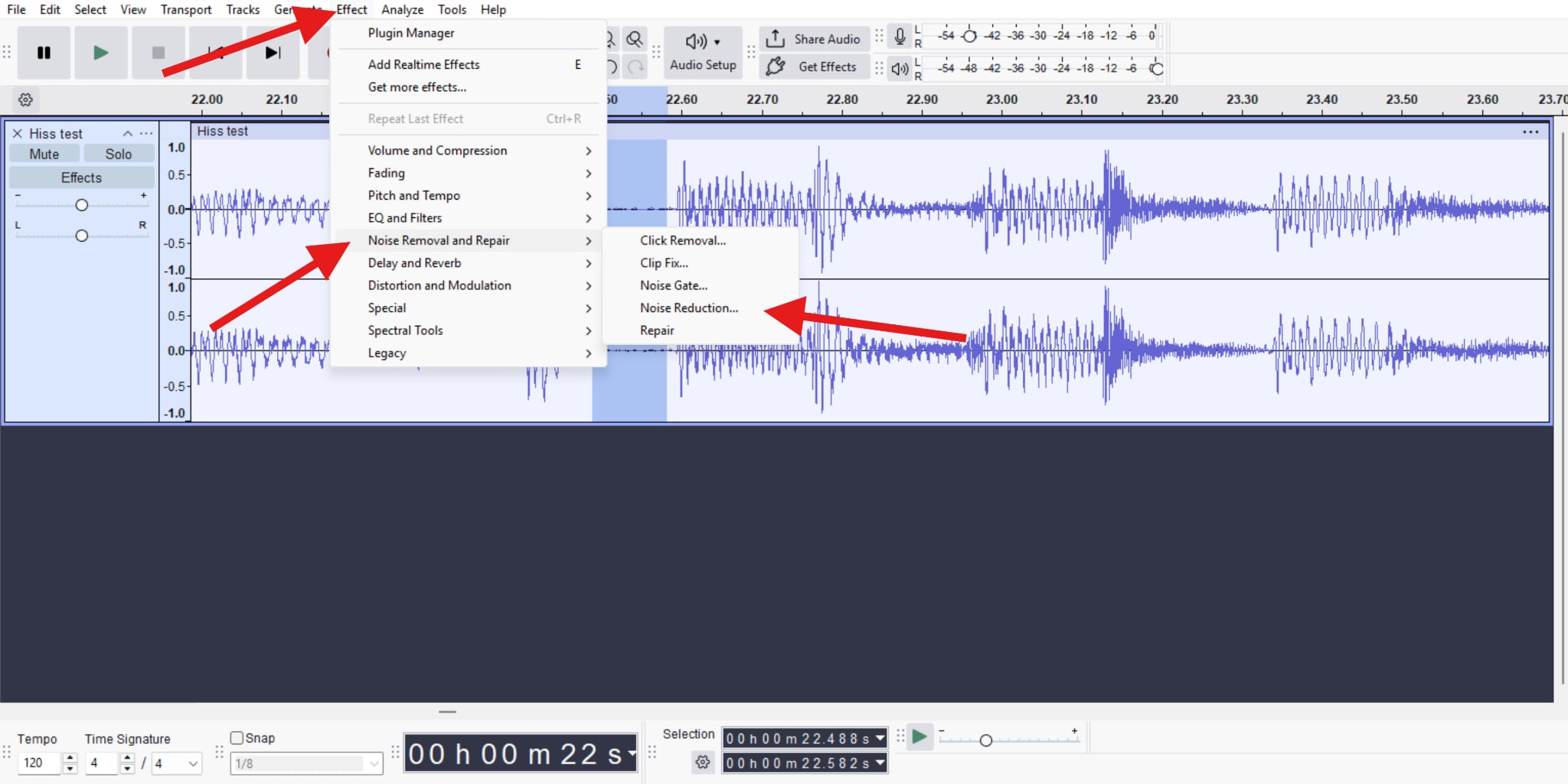 activate noise reduction feature in audacity