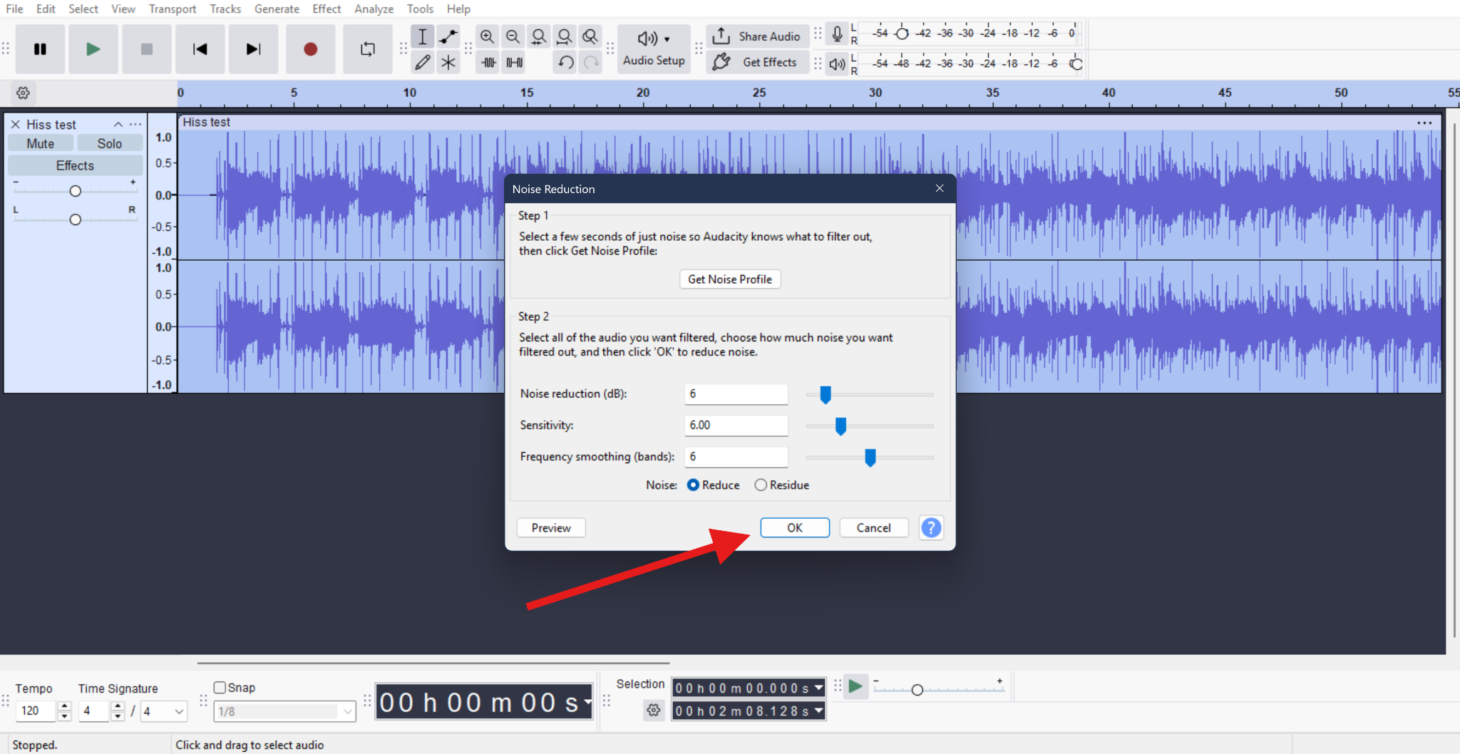reduce hiss and hum noise audacity