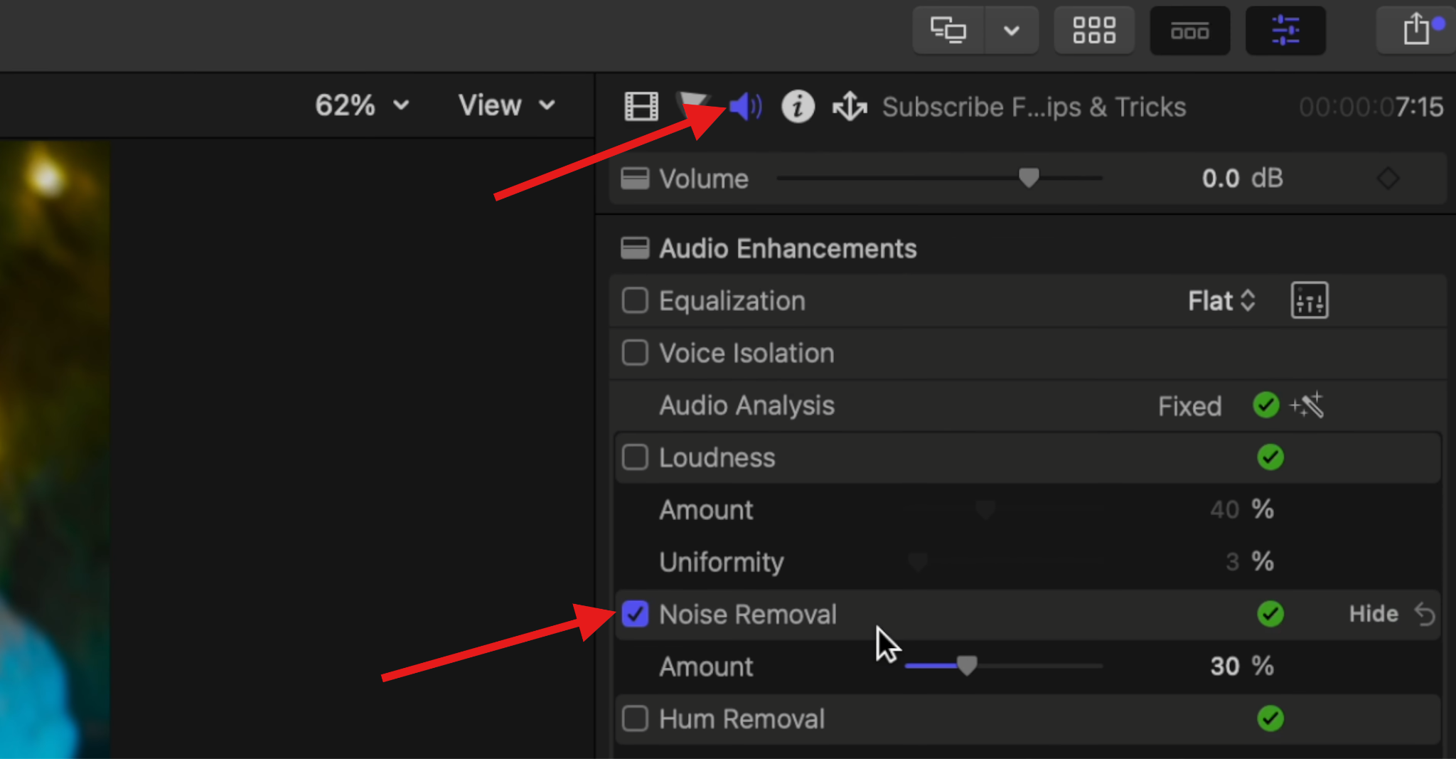 activate noise removal feature in fcp