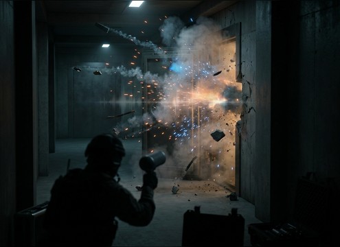 Breach charge scene using a bomb explosion sound with debris and short decay