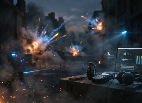 Grenade explosion audio with adjustable distance for a tactical shooter scene