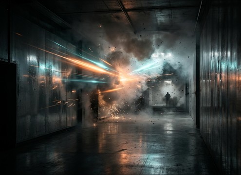 Indoor explosion sound with room reflections for a corridor action scene