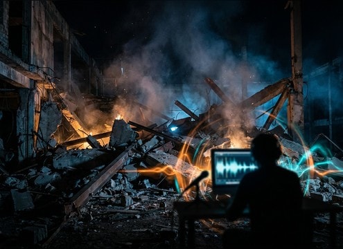 Demolition montage using bomb sounds with rubble debris texture