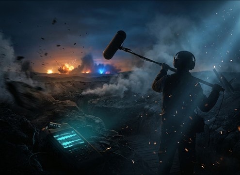 Audio drama battlefield using distant bomb detonations with long rumble tails