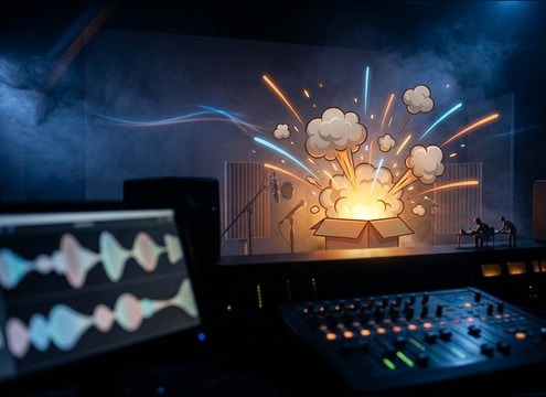 Cartoon explosion boom sound timed to a comedic on-screen gag