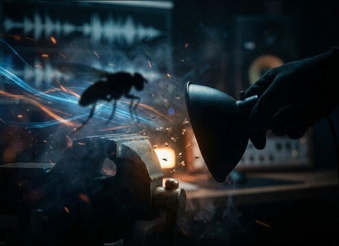 Close-up insect scene with buzzing wing sound effect