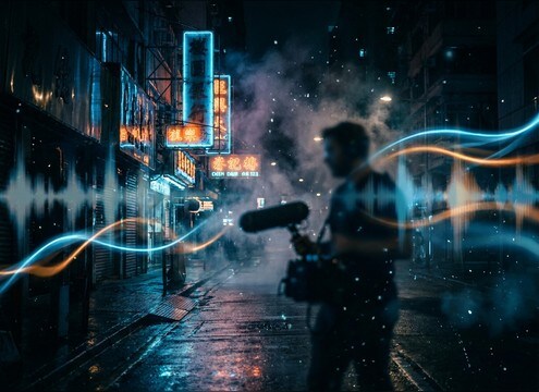Neon sign at night with subtle electrical buzzing ambience