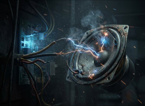 Sparking electronics implied by harsh buzzing sound
