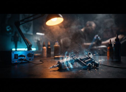 Tattoo machine buzzing in a studio scene