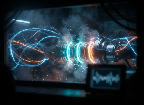 Sci-fi reactor powering up with an energy buzz drone