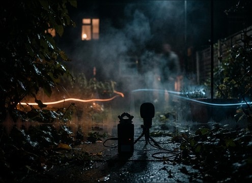 Crickets ambience behind backyard conversation in audio drama