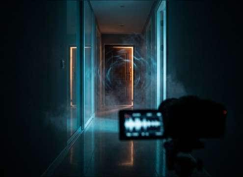 Distant door shut in apartment hallway ambience