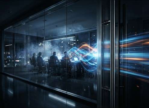 Office door shut used for meeting scene transition