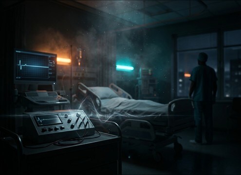 Flatline monitor sound effect under hospital dialogue in a drama edit