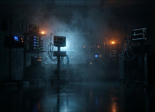 Distant flatline tone layered into ICU ambience
