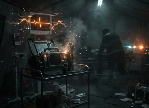Urgent flatline audio cue for a horror game health failure