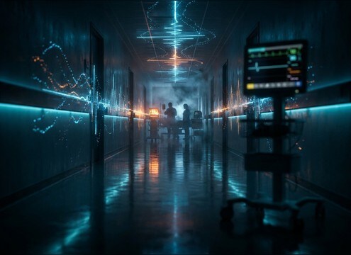 Distant hallway flatline with room reflections