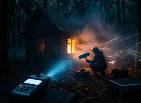 Cabin exterior at dawn using an establishing fox ambience bed