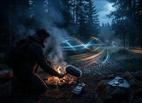 Survival training video with distant fox call layered under wind