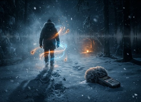 Walking pace jingle bells layered under footsteps in audio drama