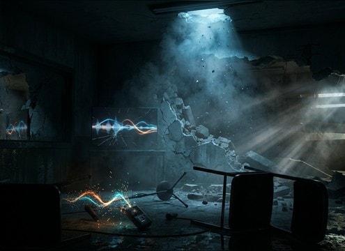 Interrogation room scene with realistic man crying and room reflections