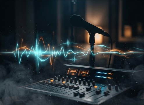 Audio drama timeline with male crying inserts between dialogue lines