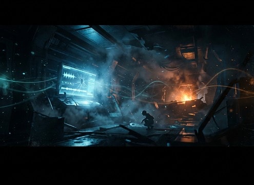 Game cutscene grief moment with matched male sob intensity