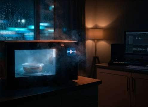 Soft microwave beeps and hum for quiet apartment night scene