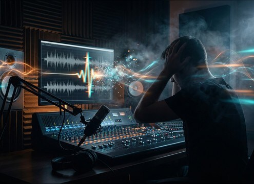 Audio drama session with room tone waveform and reaction clip