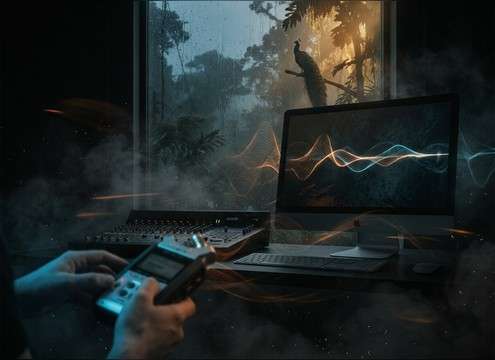 Editor adding peacock calls to wildlife cutaway footage