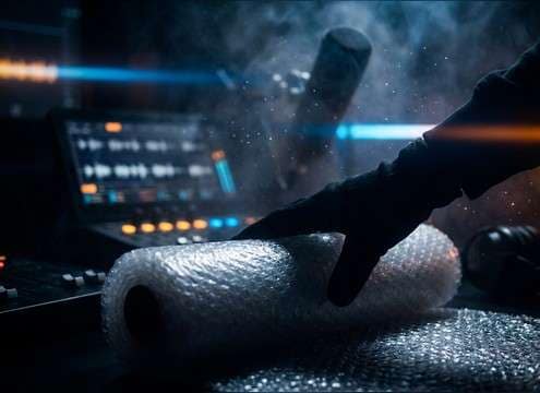 Foley artist creating bubble wrap popping sounds for an unboxing scene