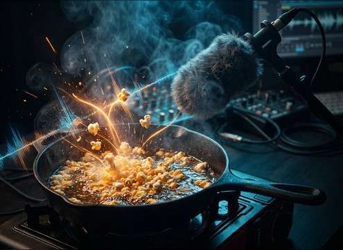 Cooking video timeline with subtle popping accents for sizzling food